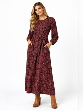 Downeast Paisley Maxi Dress Boho Long Sleeve Belted Pockets Size M